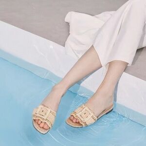 Sam Edelman Bambi Raffia Buckle Slides Linen Women’s Size 6 NWOT